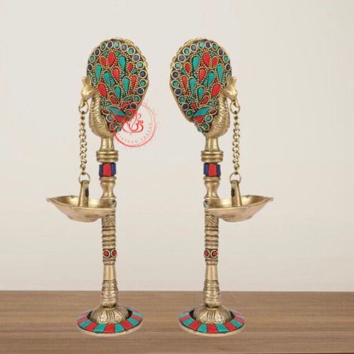 Peacock Brass Diya pair with Semiprecious stone work - Image 3