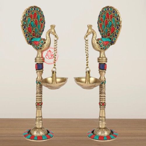 Peacock Brass Diya pair with Semiprecious stone work