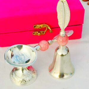 German silver handle diya with pink resin  Bell set