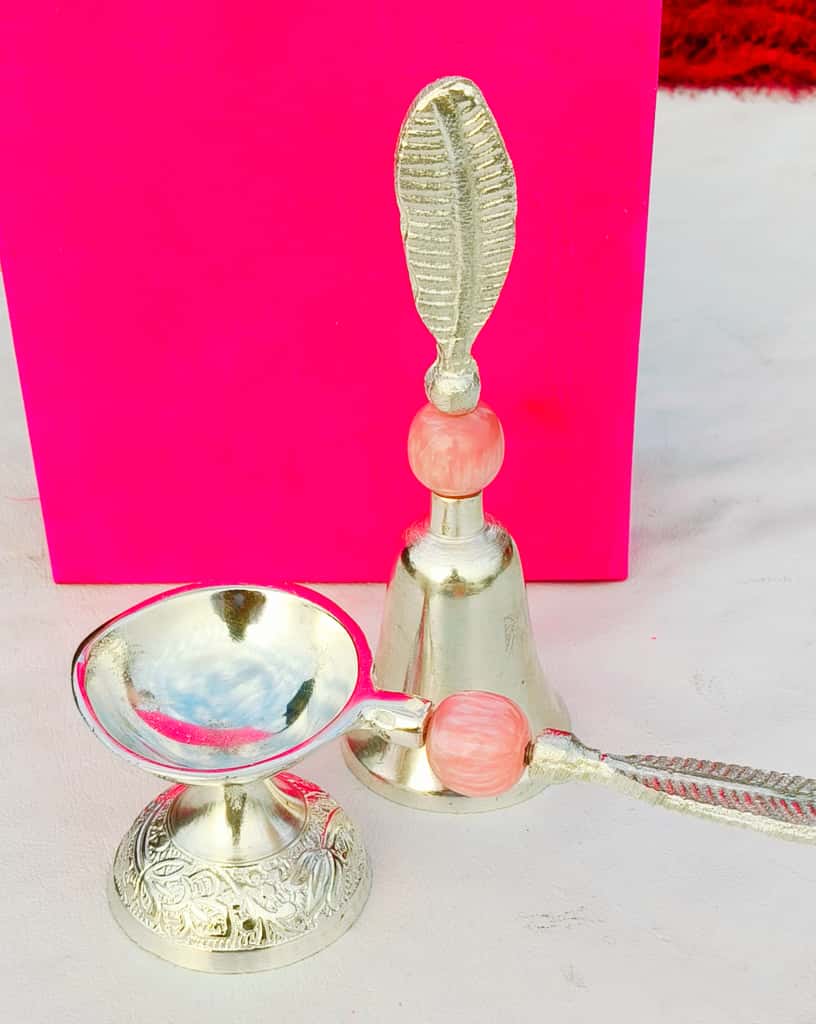 German silver handle diya with pink resin Bell set - Image 3