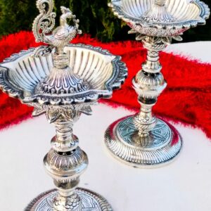 Antique German silver big size oil capacity peacock 🦚 samai / diya pair