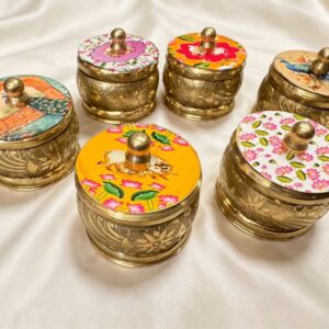 Brass Pichwai work kumkum Dibbi with potli