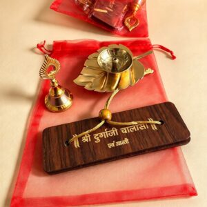 Wooden Durga Chalisa Diya Bell combo with potli